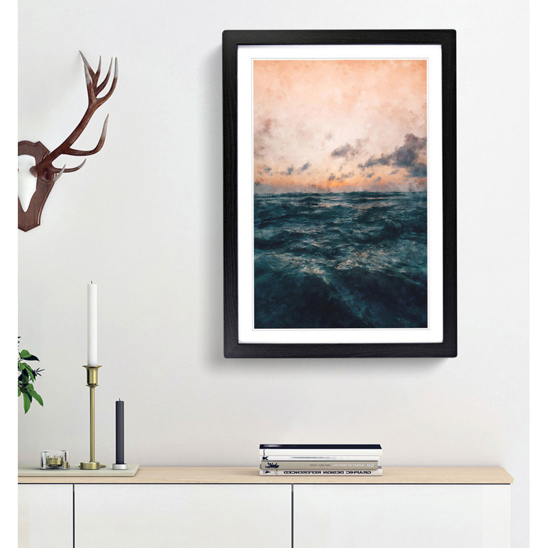 Ocean Beneath a Peach Sky - Picture Frame Graphic Art Print, 63cm H x 45cm W x 2cm D, Black Framed