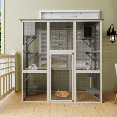 Gray Wooden Outdoor Catio Cat Enclosure With Weatherproof Asphalt Roof, Large Walk-In Cat House With 6 Platforms & 2 Napping Boxes, Solid Wood Cat Cage  Kennel Condo Playpen For Patio