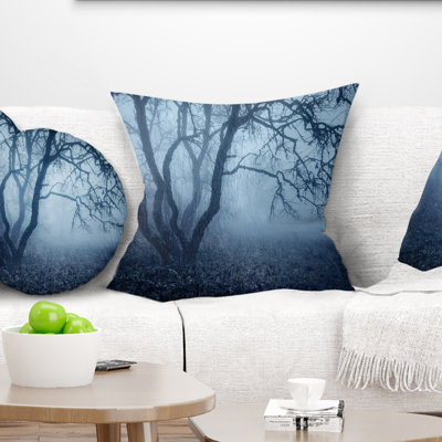 Tree in Foggy Dark Forest - Landscape Printed Pillow