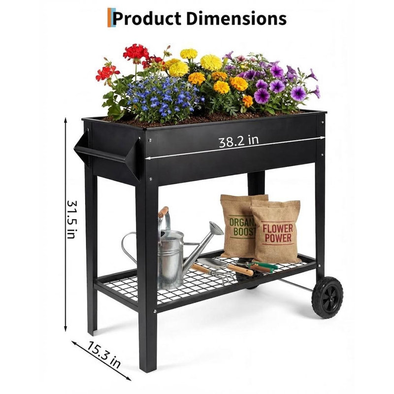 39" Rolling Steel Raised Garden Bed with Shelf, Lockable Wheels, 400 LBS Capacity Planter for Patio, Balcony & Backyard, Black