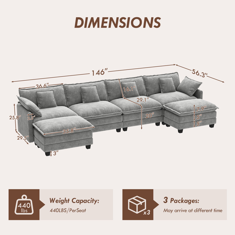 George 146.5" Modern 6 Seat Chenille U Shaped Modular Sectional Sofa With Two Ottomans, Gray 