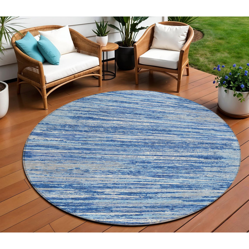 Tapis extérieur lavable rayé 8 pi bleu gris et ivoire