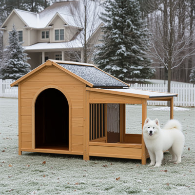 Niche pour chien en bois massif avec toit en asphalte et plancher surélevé