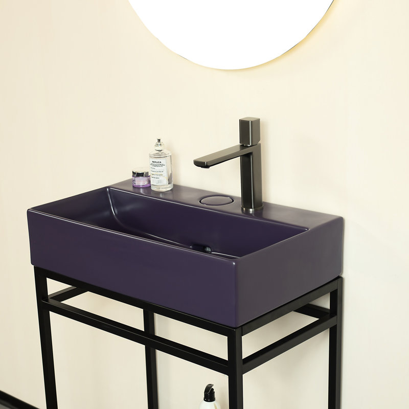 Lavabo de salle de bain 24 po en céramique mauve, design moderne, matériau et égouttoir centré pour lavabo avec surface de rangement brillante Essentials