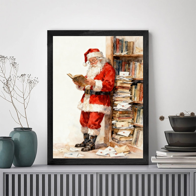 Père Noël noir encadré noir avec poignées de lettres des Fêtes, art mural, réalisme aquarelle, impressions encadrées