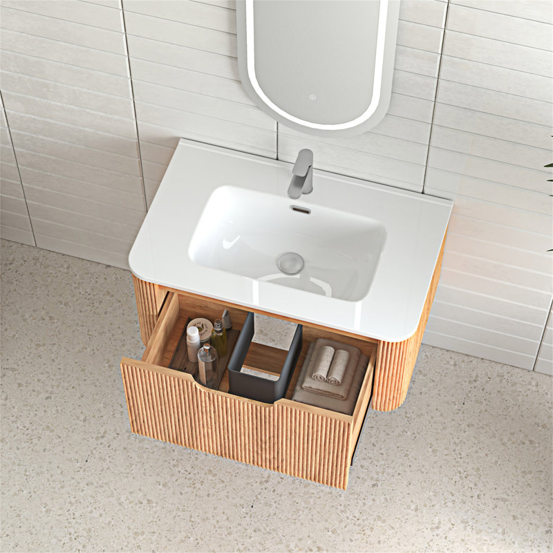 Wall-Mounted Floating Bathroom Vanity With Ceramic Basin, 30"
