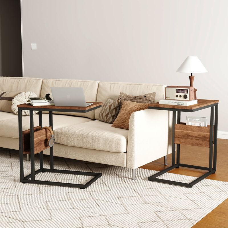 C-Shaped End Table, Natural Wood/Black, Set of 2