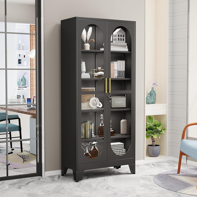 71" Tall Display Cabinet with Glass Door, 5 Tier Metal Curio Cabinet with 4 Adjustable Shelves, Locking Glass Display Case for Collectibles, Showcase Storage Cabinets for Showroom Clinic, White
