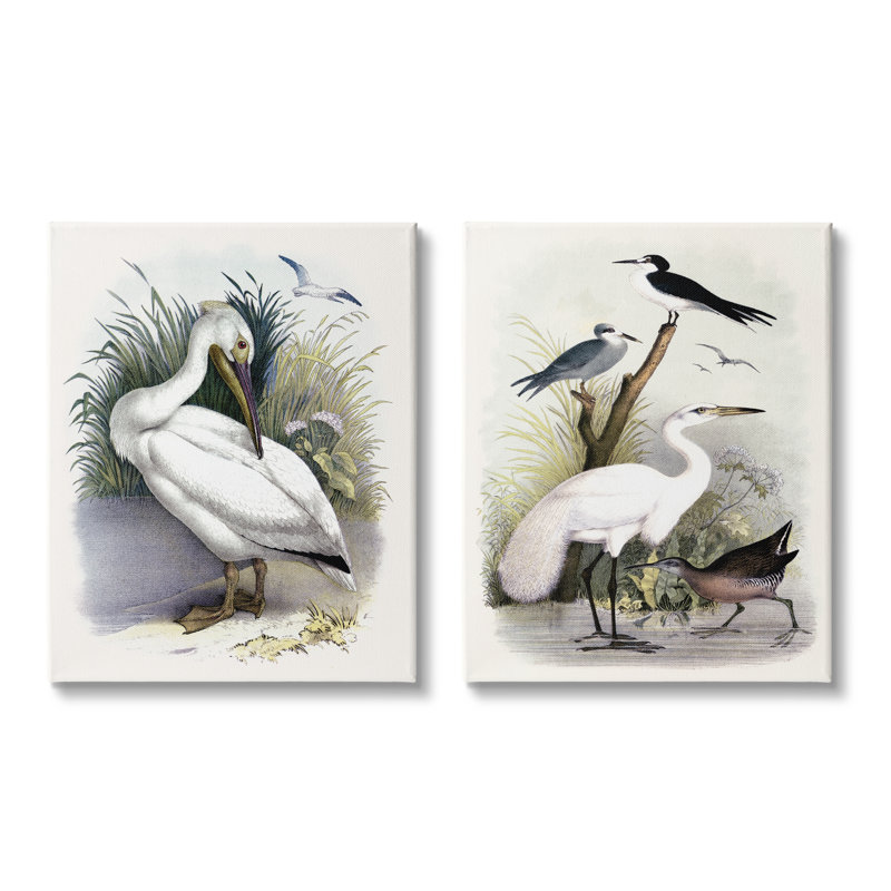 Ensemble de 2 peintures sur toile tendue Wild Pelican Birds Avian Waterside, H 20 po x l 32 po x P 1,5 po