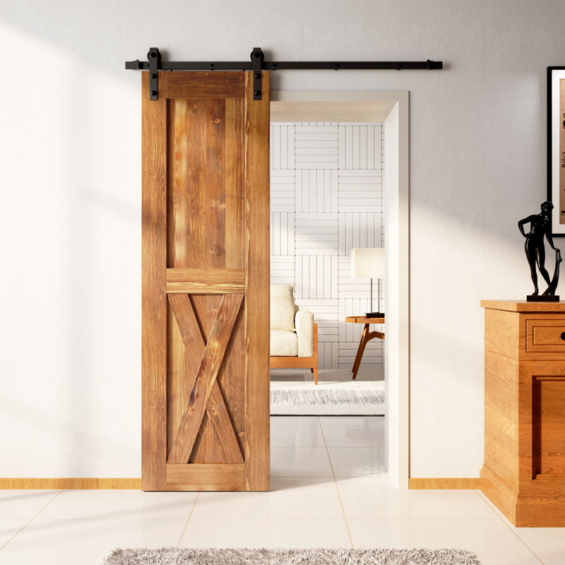 96-inch Brown Pine X-Panel Barn Door with Black Hardware