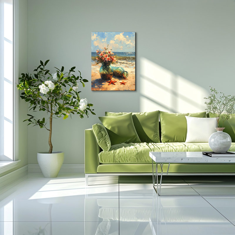 Art mural floral nautique - Vase côtier avec fleurs blanches, coquillages et fond de plage, 48" H x 32" W