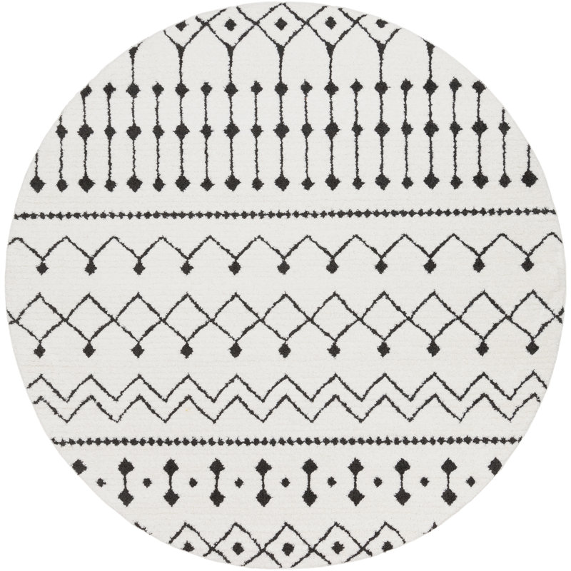 Tapis géométrique noir / gris anthracite / blanc à motif géométrique Junious, Rond 6 pi 7 po