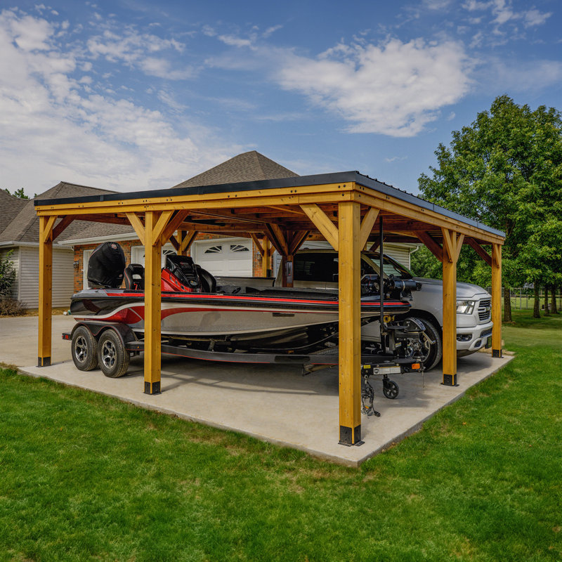 Abri d'auto extérieur en bois de cèdre avec toit en pente en acier galvanisé robuste et PowerPort Backport Discovery Kingsport 20 pi x 20 pi