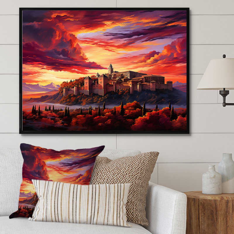 Spain Sunset Over The Alhambra I - Landscapes Canvas Art Print, H 12 po x l 20 po x P 1 po, Cadre flottant noir