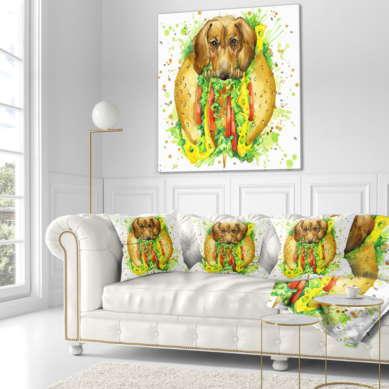 Drôle de chien à l'intérieur d'un sandwich - coussin imprimé animal, 16 po x 1 po, Coussin décoratif