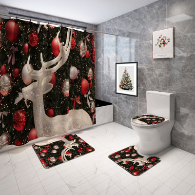 Christmas Shower Curtain Set Digital Print Bathroom Four-Piece Set Shower Curtain Anti-Slip Mat Bathroom Decoration