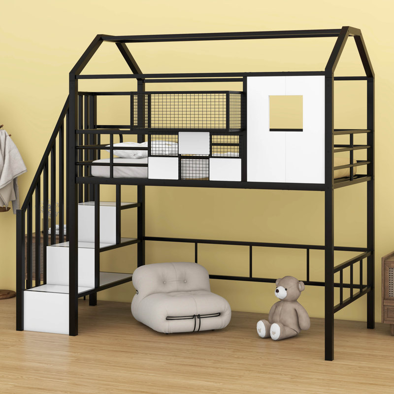 Metal Twin Size Loft Bed Frame With A Storage Box And Stairs, Black