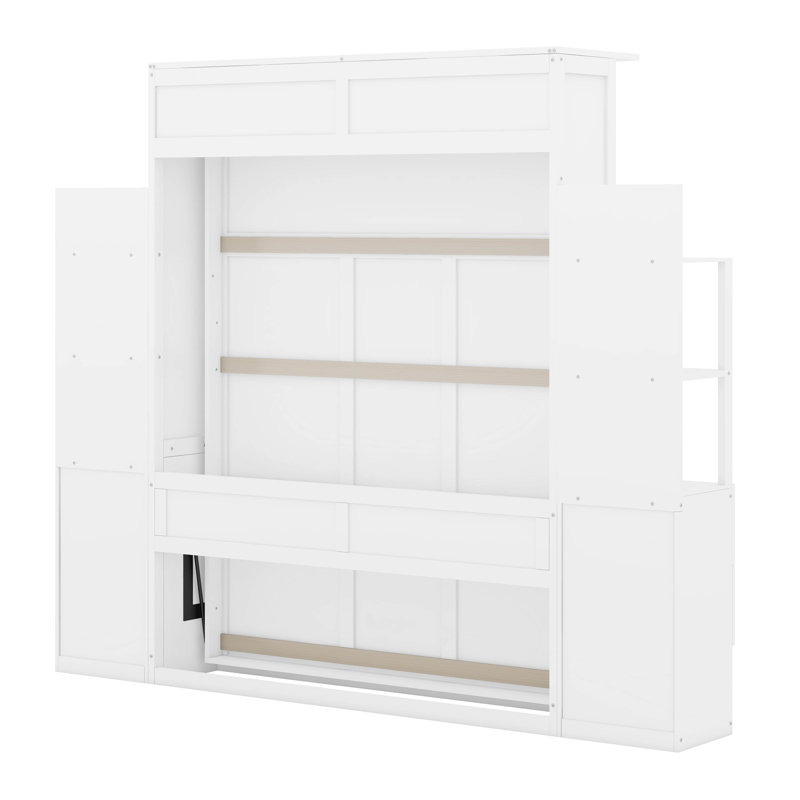 Murphy Bed Wall Bed with Shelves, Drawers and LED Lights, White, Queen