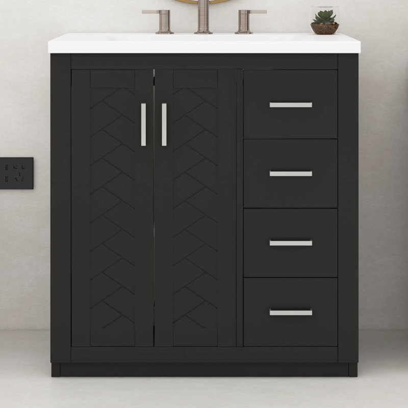 Meuble-lavabo de salle de bain 30 po avec lavabo, meuble-lavabo autoportant moderne avec 2 portes et 3 tiroirs, conception élégante à chevrons