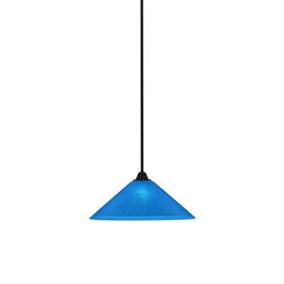 Paramount Stem Hung Pendant Shown In Matte Black Finish With 16" Blue Italian Glass