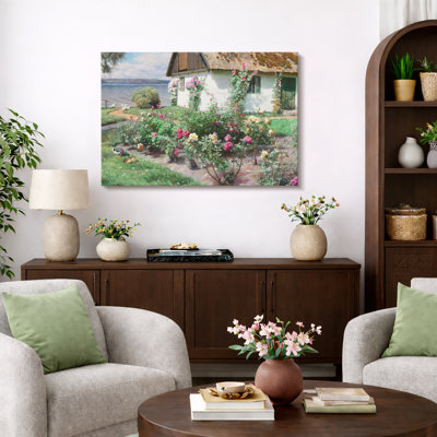 Cottage Rose Garden by the Lake Artwork, Floral Bedroom Pictures, Framed Canvas Giclee Print Wall Art.