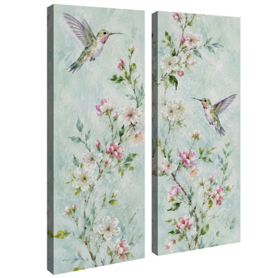Colibris et fleurs roses - Décoration botanique douce - Ensemble de 2 impressions sur toile 32" x 12" x 2