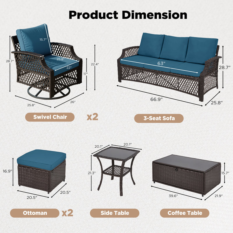 7 Piece Patio Furniture Set, Wicker Outdoor Conversation Sofa Set With Swivel Chairs, 2 Ottomans, Storage Coffee Table