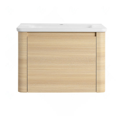 28" White Oak Plywood Wall-Mounted Bathroom Vanity with Ceramic Sink and 1 Soft-Close Door