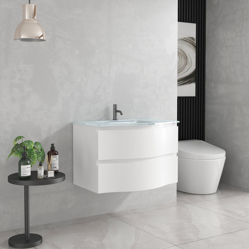 Naadiyah 30 po L x 20 po P 2 tiroirs Meuble-lavabo mural avec évier simple et Comptoir en Verre blanc