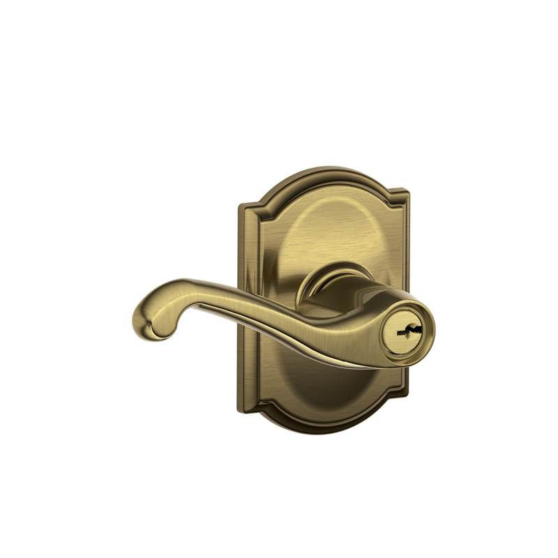 Flair Lever with Camelot Trim Keyed Entry Lock, Antique Brass