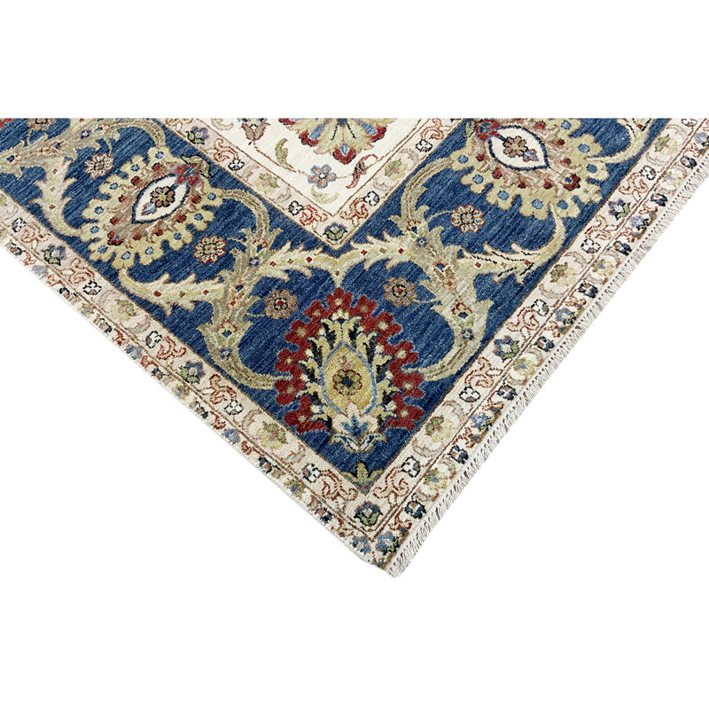 Tapis ivoire / bleu marine noué à la main de haute qualité, Rectangle 8 pi x 10 pi