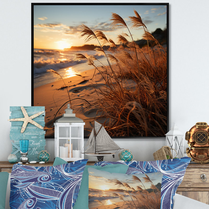 Brise de plage au lever du soleil V, H 36 po x l 36 po x P 1,5 po, Cadre flottant noir