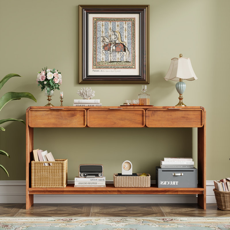 Lanza Scandinavian Mid-Century Console Table With 3 Drawers And Lower Shelf, Brown