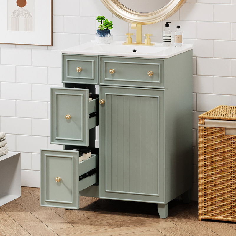 Meuble-lavabo de salle de bain de 24 po avec lavabo en céramique, espace de rangement spacieux de 24 po, élégant, Green