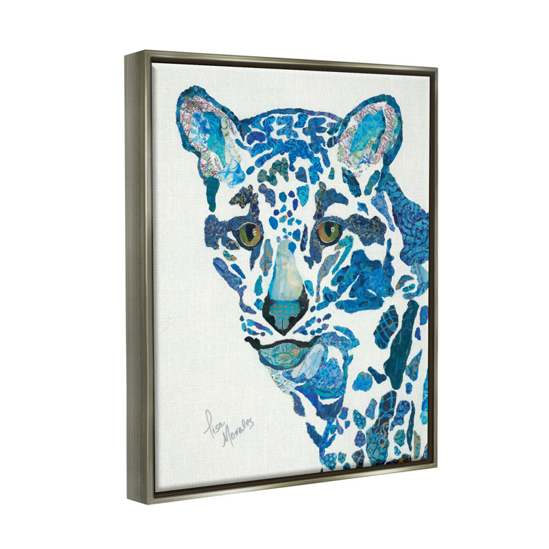 " Clouded Leopard Collaged Blue Patterns Wildlife Animal " by Lisa Morales Painting Print, 31" H x 25" W x 1.5" D