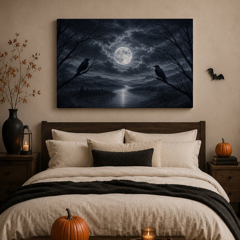 "Deux corbeaux noirs perchés sur des branches au clair de lune", art mural sur toile, 12"H x 18"W
