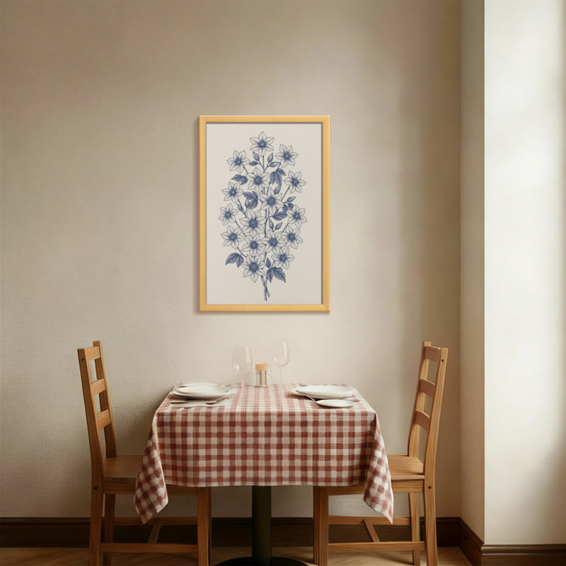 Plantes et fleurs, motif floral bleu sur toile crème, H 24 po x l 16 po