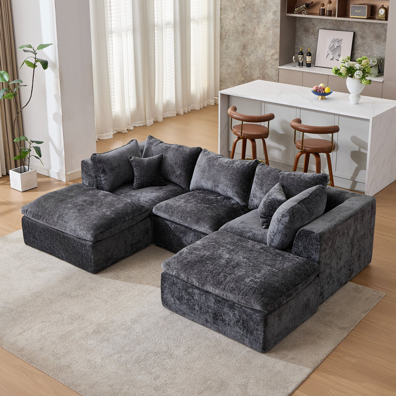 6-Piece Modular Compression Upholstered Boneless Sectional Sofa, Gray Chenille, 25.6" H x 113" W x 70.9" D