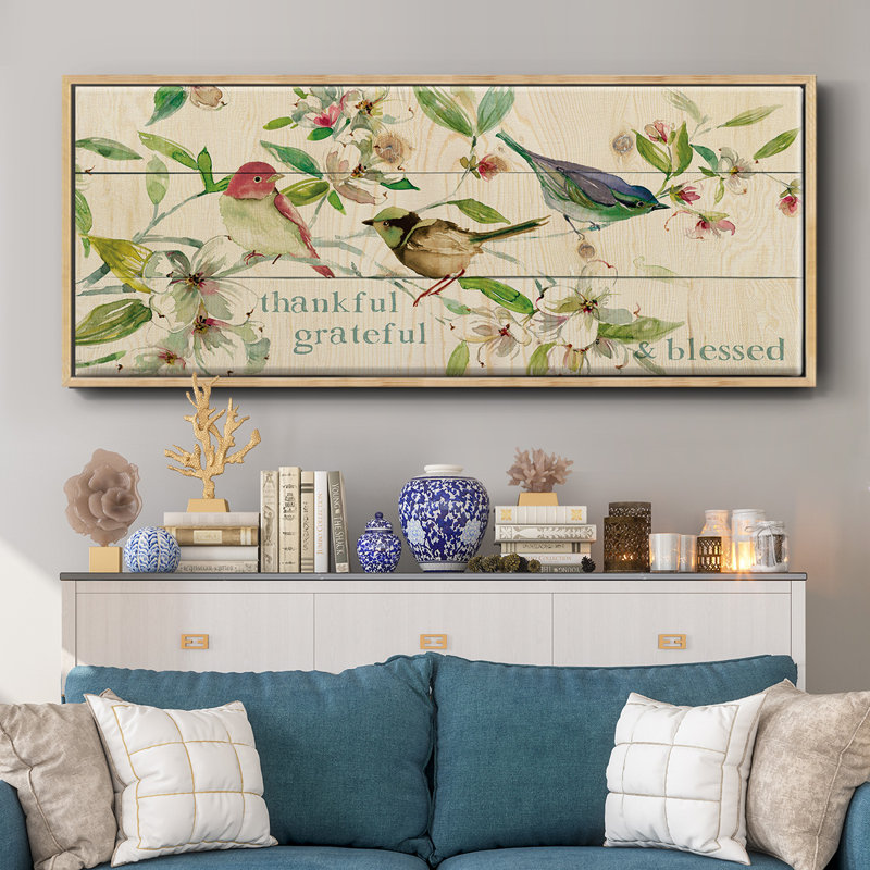 «Grateful Thankful Blessed Birds», toile encadrée, H 20 po x l 50 po