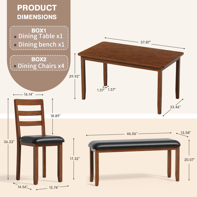 Solid Wood 6-piece Dining Table Set, Modern 58" Wide With 4 Chairs And 1 Bench For Kitchen And Dining Room, Brown
