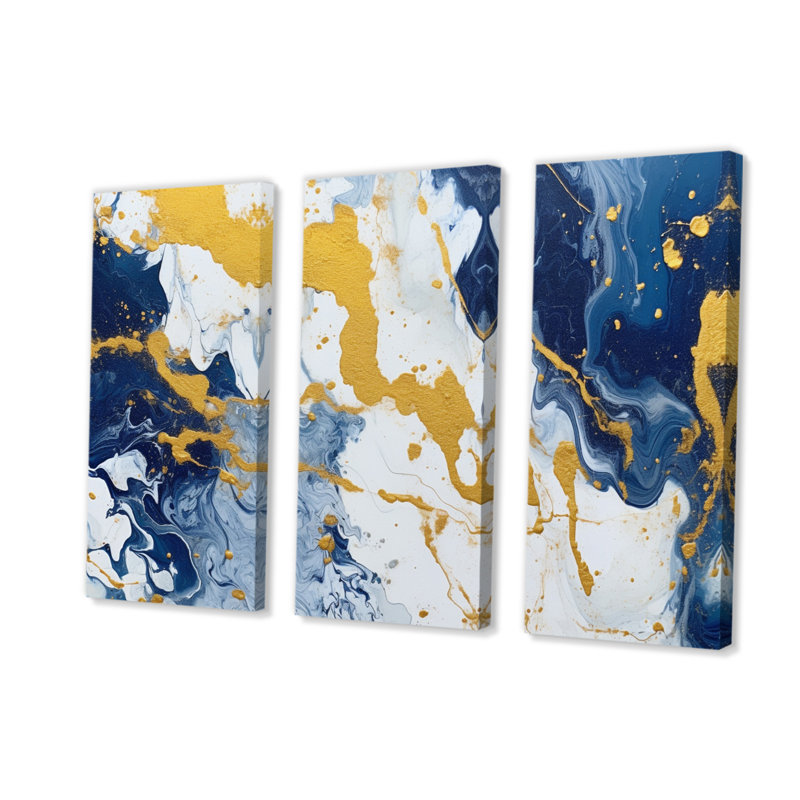 «Blue and Gold Luxury Abstract Fluid Art», impression sur toile tendue 3 pièces, H 40 po x l 60 po x P 1 po