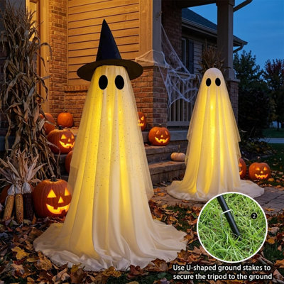 Décoration d'Halloween pour l'extérieur, fantôme effrayant d'Halloween avec chapeau de sorcière | Ensemble de 2, avec drap scintillant et drap blanc, hauteur réglable, télécommande et minuterie, conception unique de fusion fantôme et sorcière