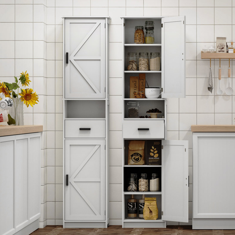 Tall Bathroom Storage Cabinet with 2 Barn Doors, 1 Drawer, Adjustable Shelves, and Narrow Design for Small Spaces, White