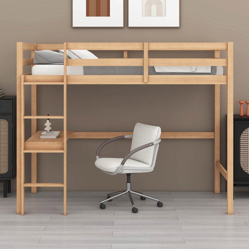 Twin Size High Loft Bed (Rubber Wood) – Safety Guardrail, Built-In Desk & Ladder, White Oak