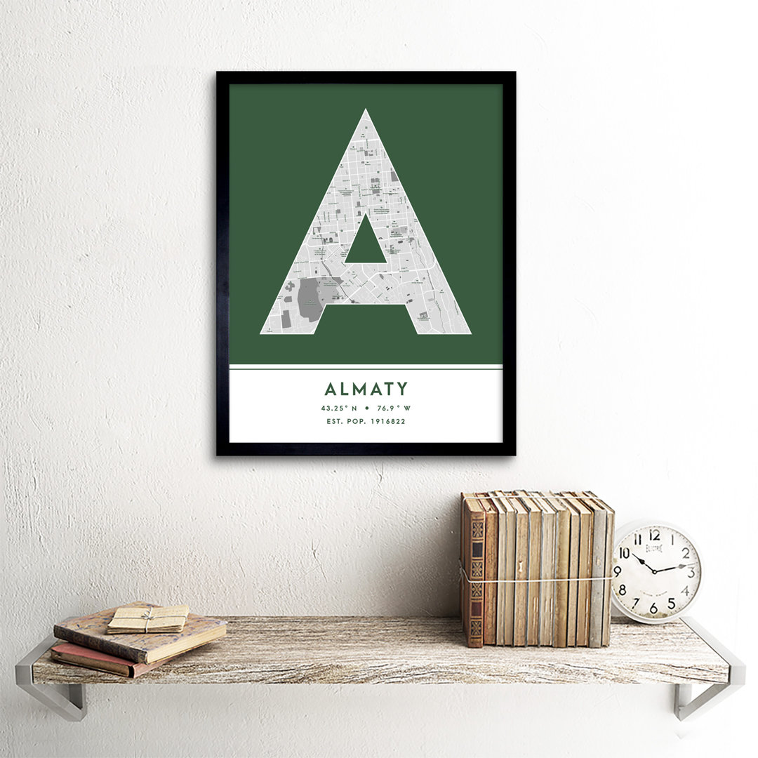 Almaty City Map Almaty Green by Wee Blue Coo - Single Picture Frame Typography