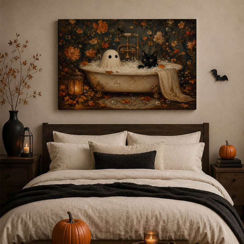 Art mural sur toile avec fantôme blanc et chat noir dans une baignoire, H 36 po x l 48 po