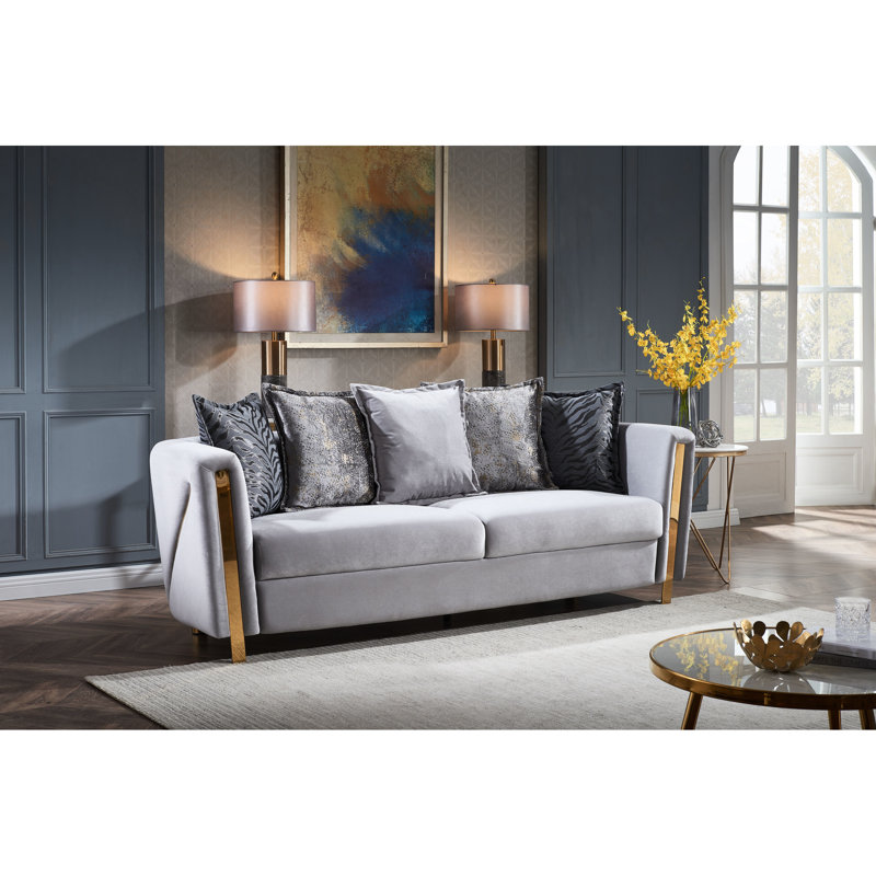 Sophistiqué 2 salon en velours gris avec des cadres en bois doré pour un look raffiné, un revêtement doux et confortable et une détente or massif