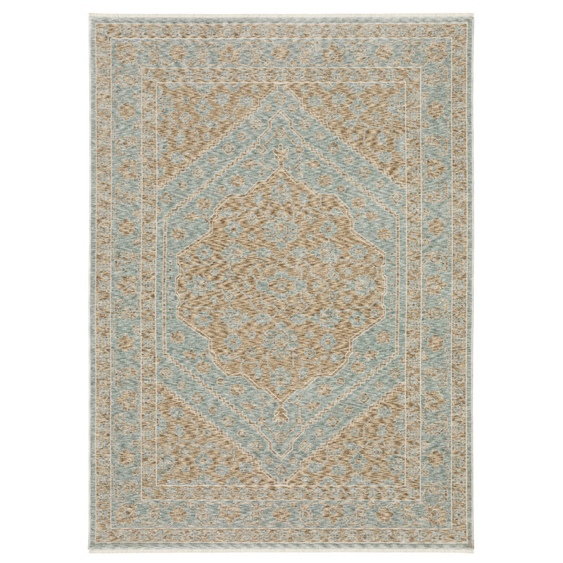 Eidan Global Center Medallion Brown/Pale Blue Area Rug, Rectangle 9'10 x 12'11"