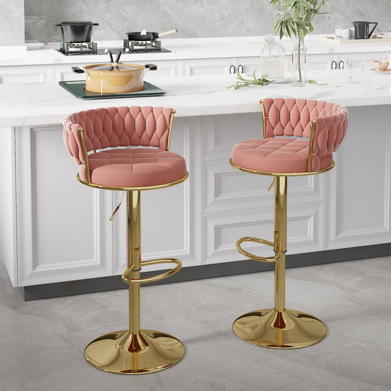 George Set of 2 Bar Stools with Woven Velvet Upholstered Backrest, Height Adjustable Counter Stools, Swivel Kitchen Stools for Kitchen Island, Bar, Pink