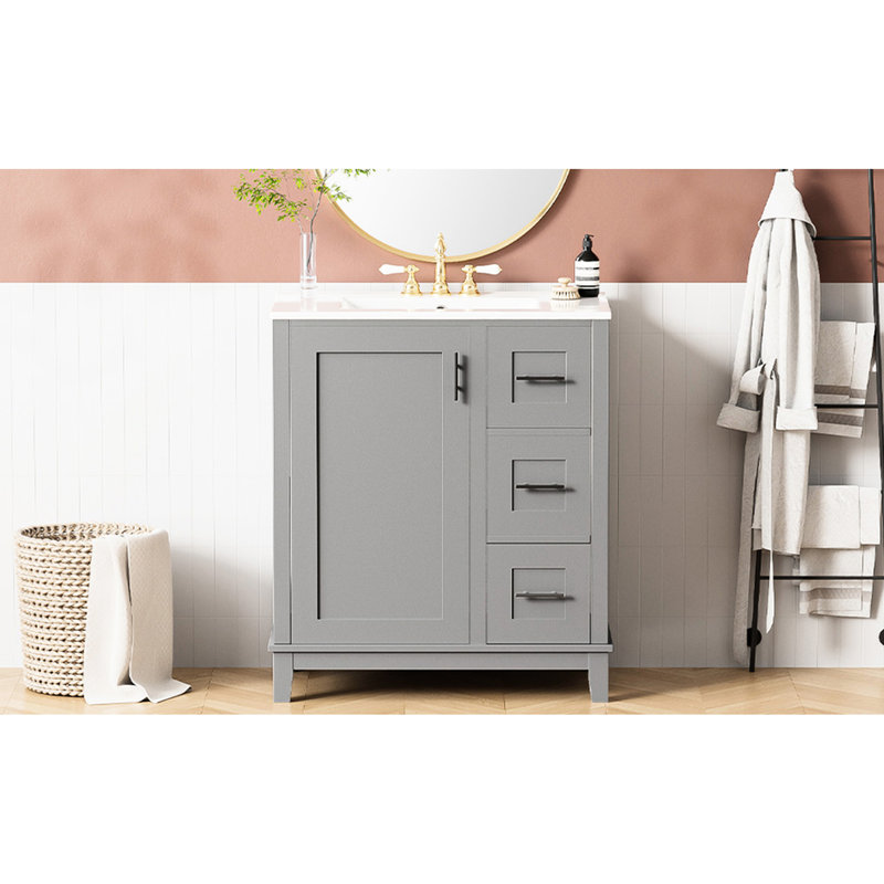 Meuble-lavabo de 30 po avec lavabo rectangulaire en céramique, protection contre le débordement et charnières de tiroir à fermeture en douceur Panneaux modernes de 30 po, charnières, rangement organisé